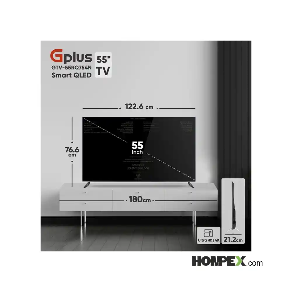 ابعاد تلویزیون هوشمند کیو ال ای دی جی پلاس مدل GTV-55RQ754N سایز 55 اینچ