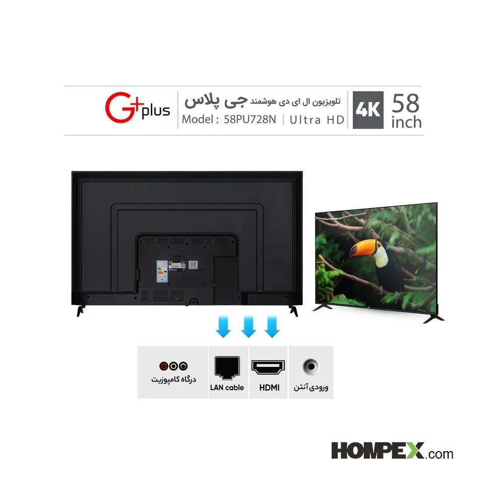 عکس تلویزیون هوشمند ال ای دی جی پلاس مدل GTV-58PU728N سایز 58 اینچ و مشخصات آن