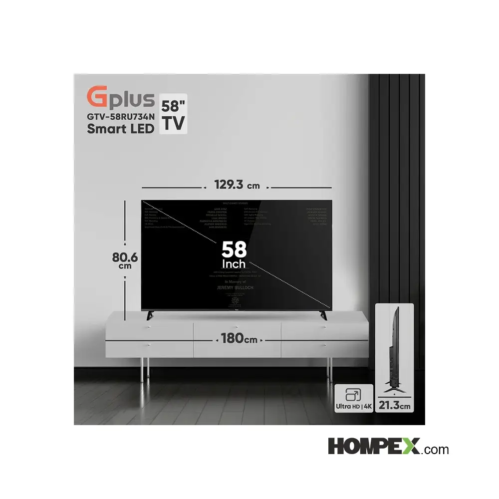 ابعاد تلویزیون هوشمند ال ای دی جی پلاس مدل GTV-58RU734N سایز 58 اینچ