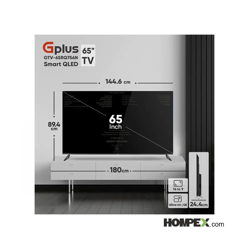 عکس و ابعاد تلویزیون هوشمند کیو ال ای دی جی پلاس مدل GTV-65RQ756N سایز 65 اینچ